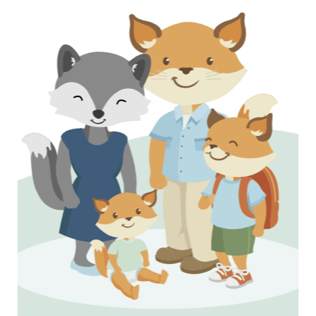 A family of cartoon animal characters, including a mother fox, a father fox wearing a shirt, and two young foxes, one carrying a backpack, standing together in a cheerful pose.